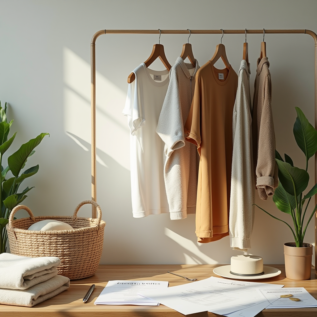 Sustainable clothing materials and eco-friendly fashion design workspace with organic cotton fabrics, natural dyes, and green business planning documents