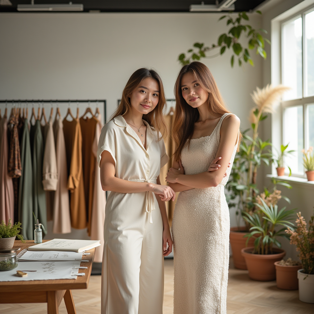 Moderne nachhaltige Modewerkstatt mit umweltfreundlichen Textilien, natürlichen Stoffen in Erdtönen, Designern bei der Arbeit an Öko-Kollektionen, helle Atmosphäre mit Pflanzen und recycelten Materialien