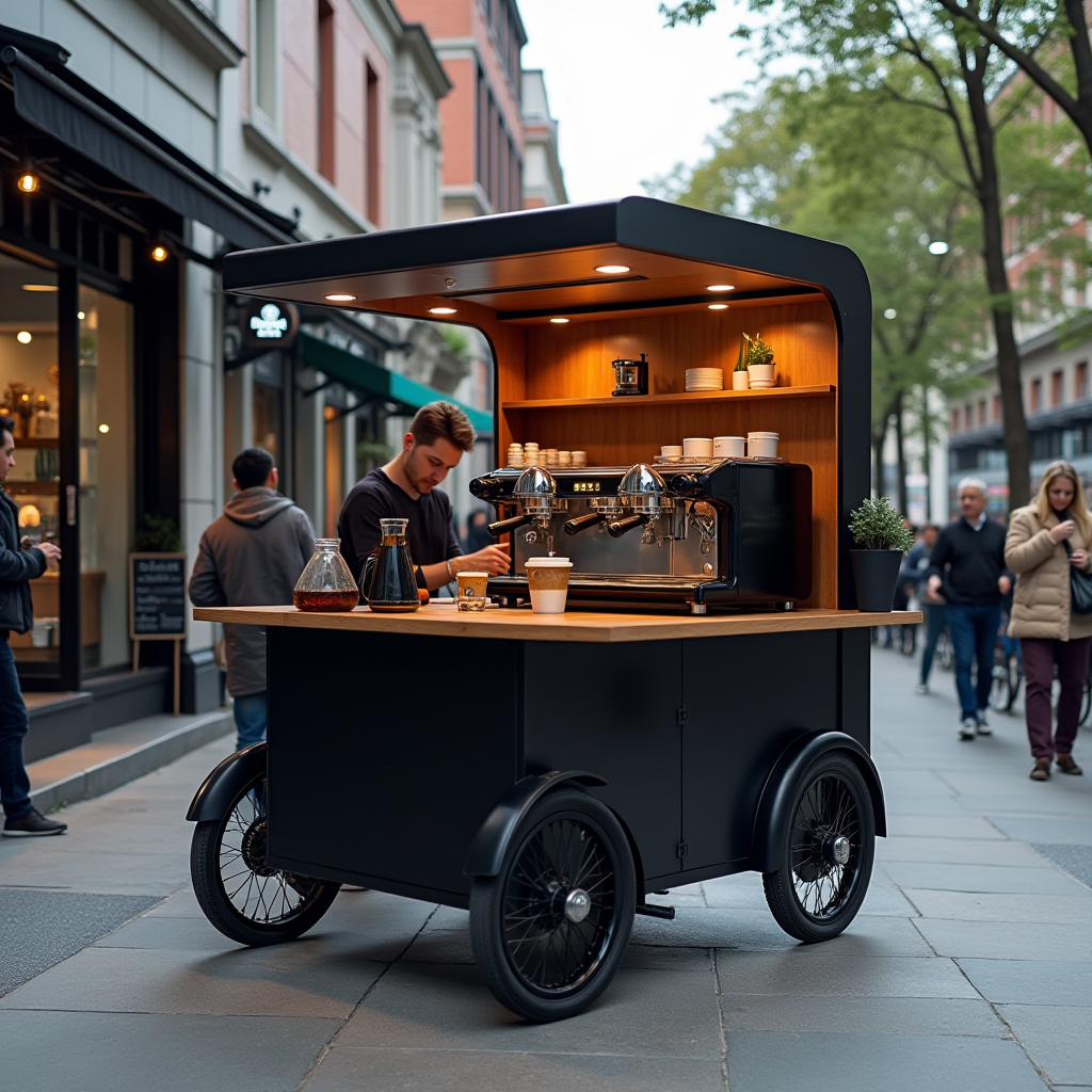 Modern mobile coffee cart with espresso machine, specialty coffee equipment, and urban street location with customers enjoying artisan beverages