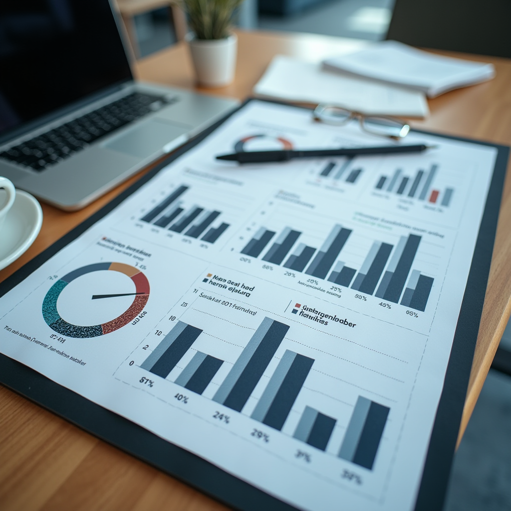 Geschäftsanalyse-Dashboard mit Marktforschungsdaten, Diagrammen und Statistiken zur nachhaltigen Modeindustrie, moderne Büroumgebung mit Laptop und Notizen, professionelle Atmosphäre