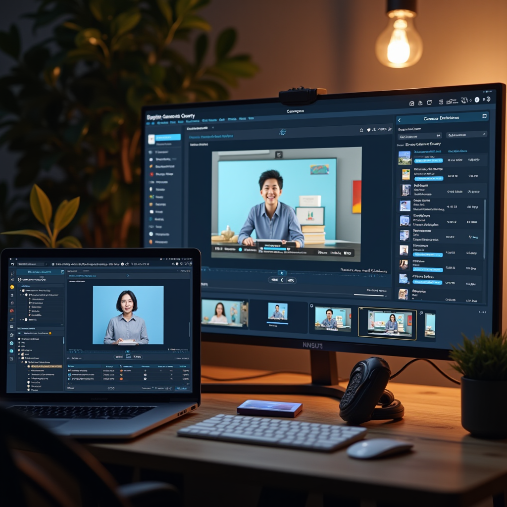 Digital learning platform interface showing online course creation tools, video recording setup, and educational content development workspace with laptop and microphone
