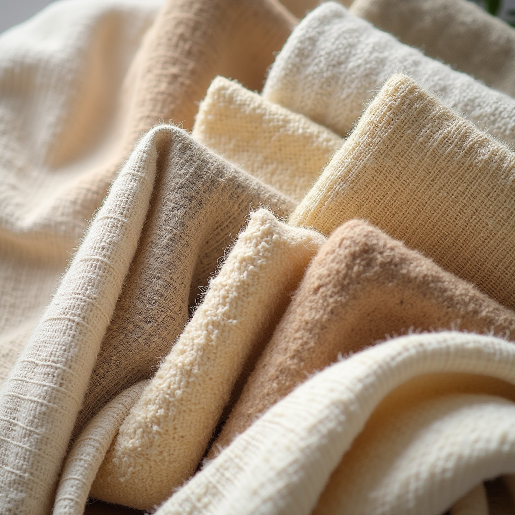 Vielfalt nachhaltiger Textilien und Stoffe, Bio-Baumwolle, Hanf, Tencel und recycelte Materialien in natürlichen Farben, Nahaufnahme von Stoffmustern und Texturen, helle Studio-Beleuchtung