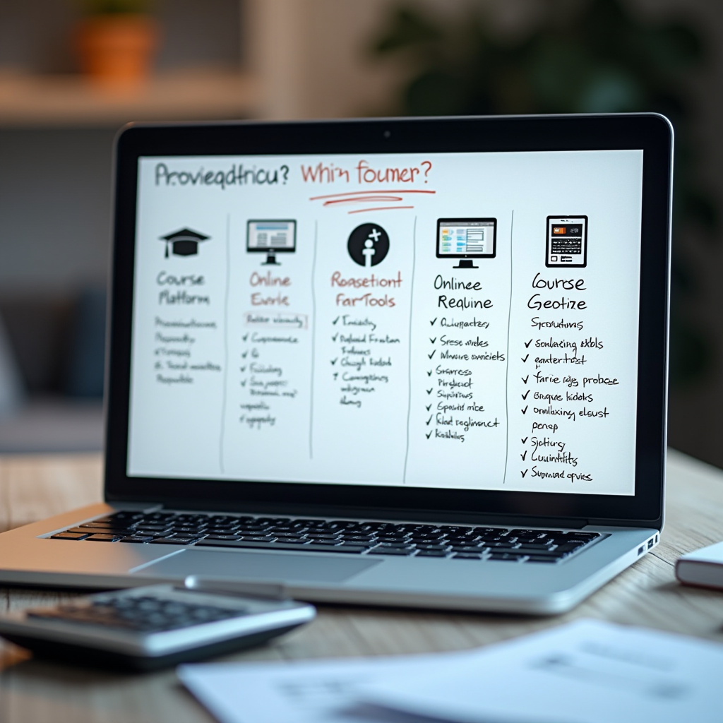 Laptop-Bildschirm zeigt verschiedene Online-Kurs-Plattformen im Vergleich, mit Notizen über Vor- und Nachteile, Taschenrechner und Planungsunterlagen auf dem Schreibtisch