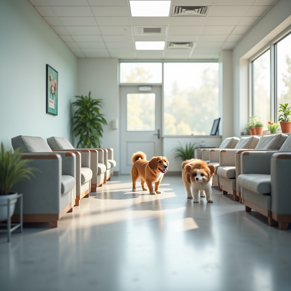 Moderne Tierbetreuungseinrichtung mit spielenden Hunden, komfortablen Ruhebereichen und professioneller Ausstattung