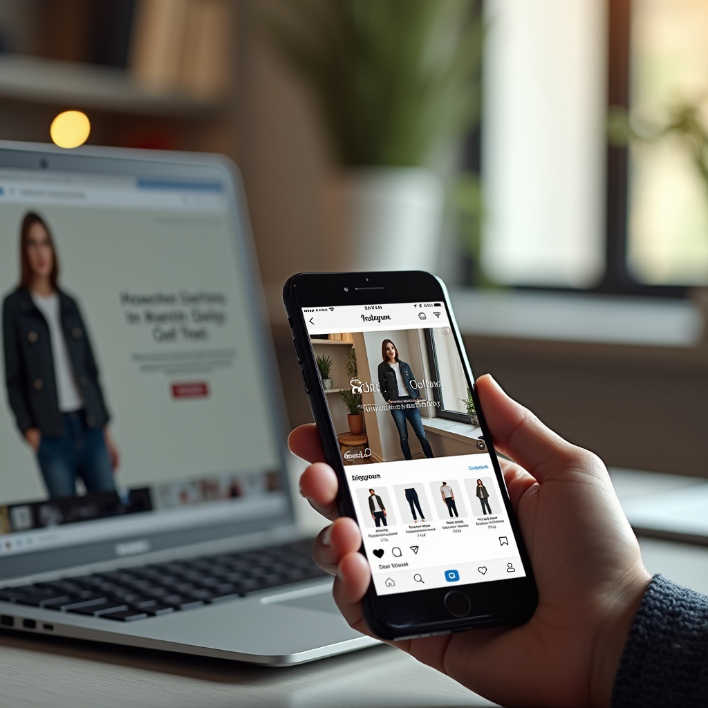 Social Media Marketing für nachhaltige Mode, Smartphone mit Instagram-Feed von Öko-Kleidung, Laptop mit E-Commerce-Website, Content-Erstellung in modernem Büro, kreative und professionelle Umgebung