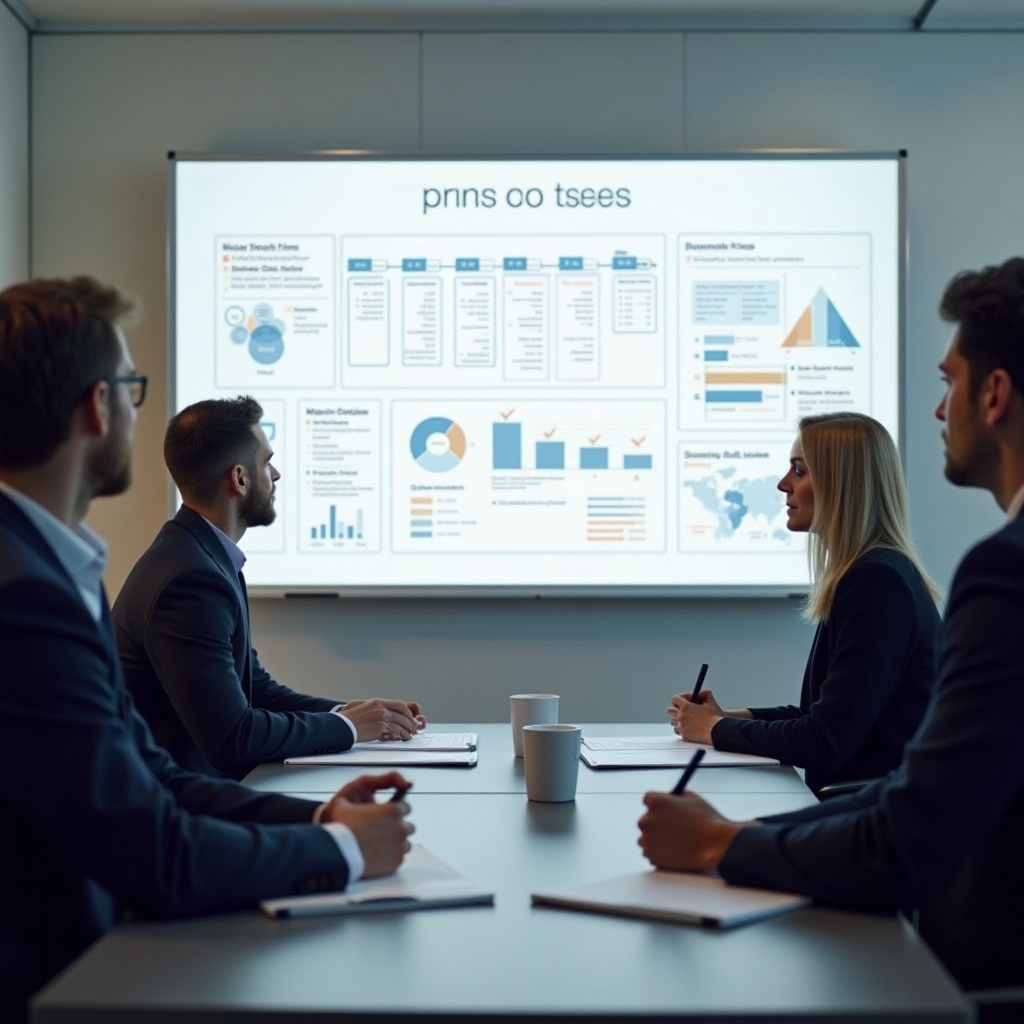 Strategisches Planungsmeeting mit Whiteboard voller Preismodelle, Diagramme und Berechnungen, Team diskutiert verschiedene Preisstrategien für Online-Kurse