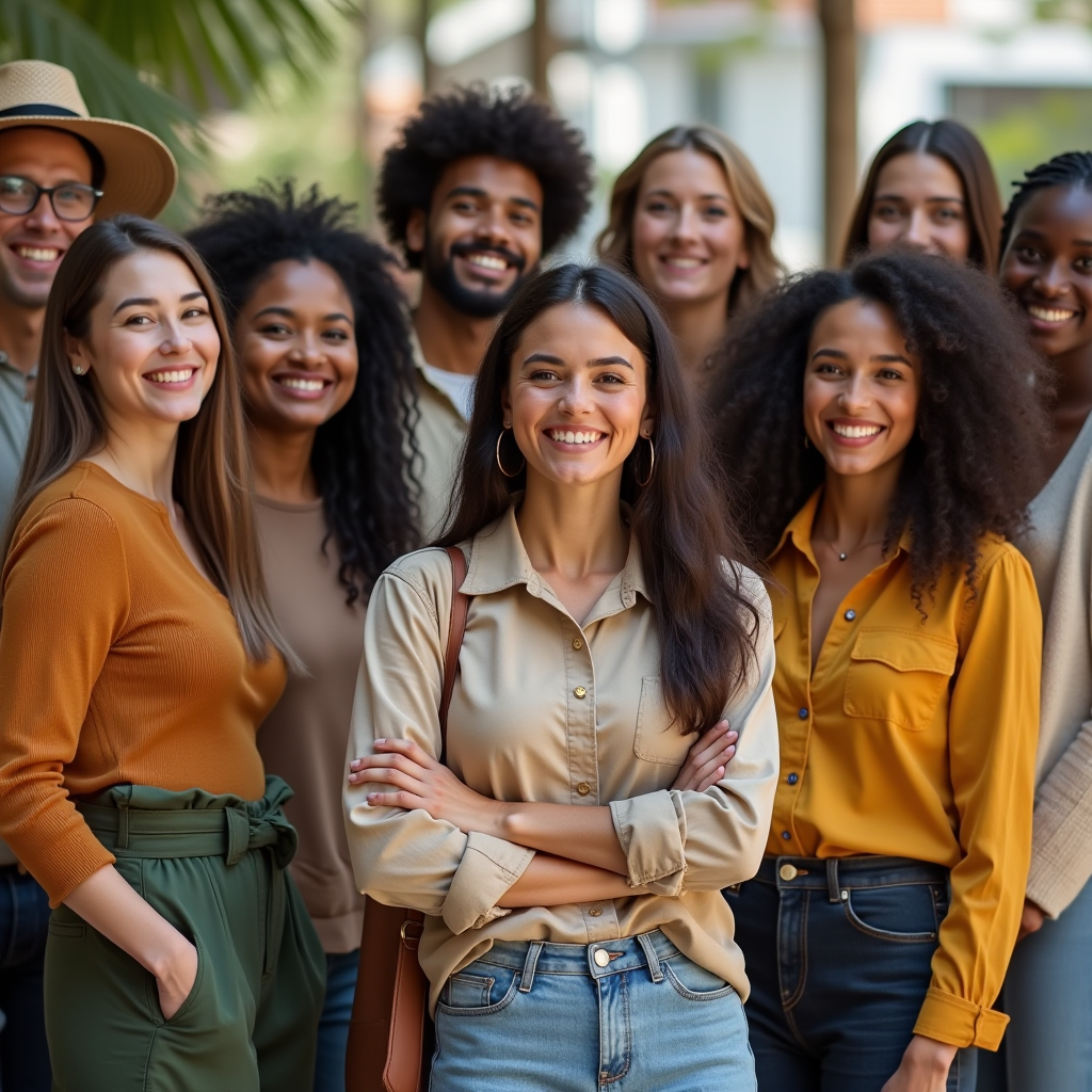 Diverse Gruppe zufriedener Kunden in nachhaltiger Kleidung, Community-Event für umweltbewusste Mode, Menschen verschiedener Altersgruppen und Hintergründe, fröhliche und inklusive Atmosphäre