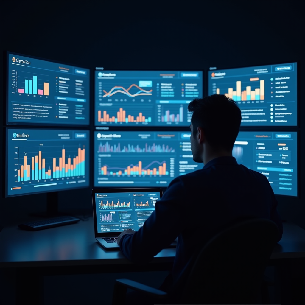 Digitales Marketing-Dashboard auf mehreren Bildschirmen zeigt Social-Media-Kampagnen, E-Mail-Marketing-Statistiken und Verkaufszahlen, Person analysiert Daten und plant Marketingstrategie