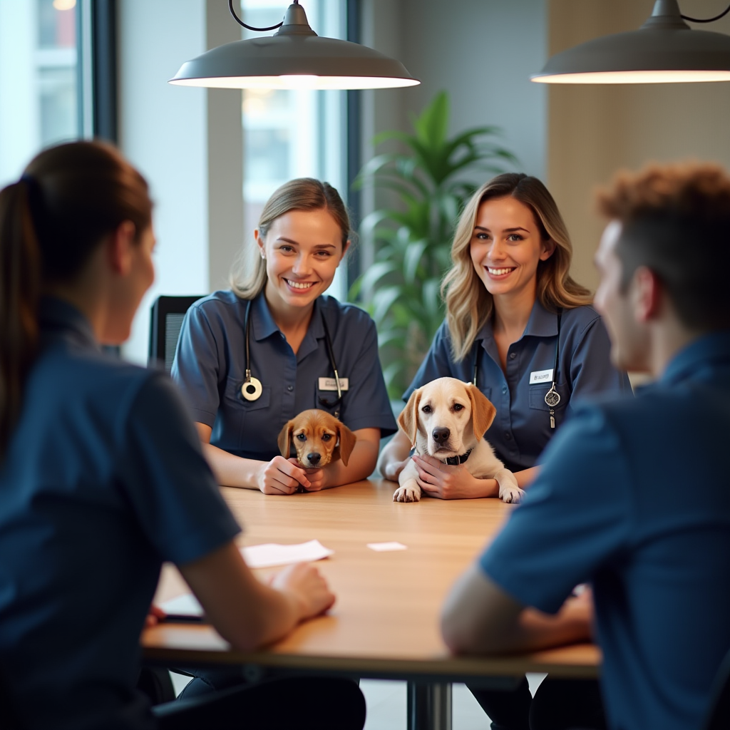 Professionelles Team von Haustierdienstleistern in einheitlichen Uniformen bei einem Team-Meeting in moderner Büroumgebung