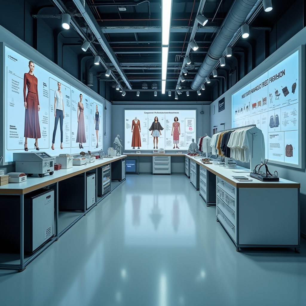 Futuristische nachhaltige Modewerkstatt mit innovativen Technologien, digitale Displays zeigen Lieferketten-Transparenz, moderne Maschinen für Textilrecycling, helle und technologisch fortschrittliche Umgebung